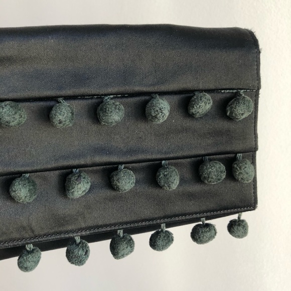 60s-70s Vintage Pom-Pom Black Silk Satin Clutch - Picture 2 of 6